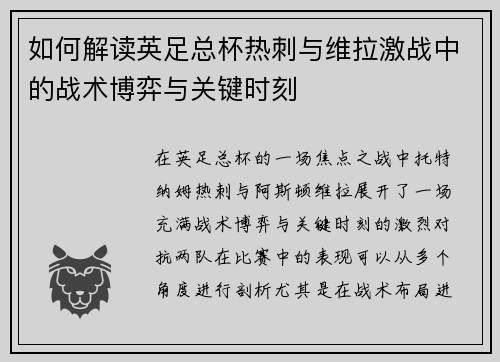 如何解读英足总杯热刺与维拉激战中的战术博弈与关键时刻
