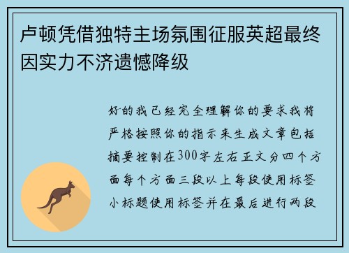 卢顿凭借独特主场氛围征服英超最终因实力不济遗憾降级