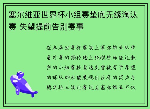 塞尔维亚世界杯小组赛垫底无缘淘汰赛 失望提前告别赛事