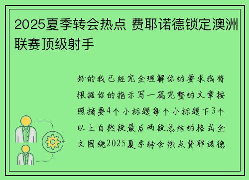 2025夏季转会热点 费耶诺德锁定澳洲联赛顶级射手