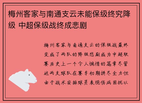 梅州客家与南通支云未能保级终究降级 中超保级战终成悲剧